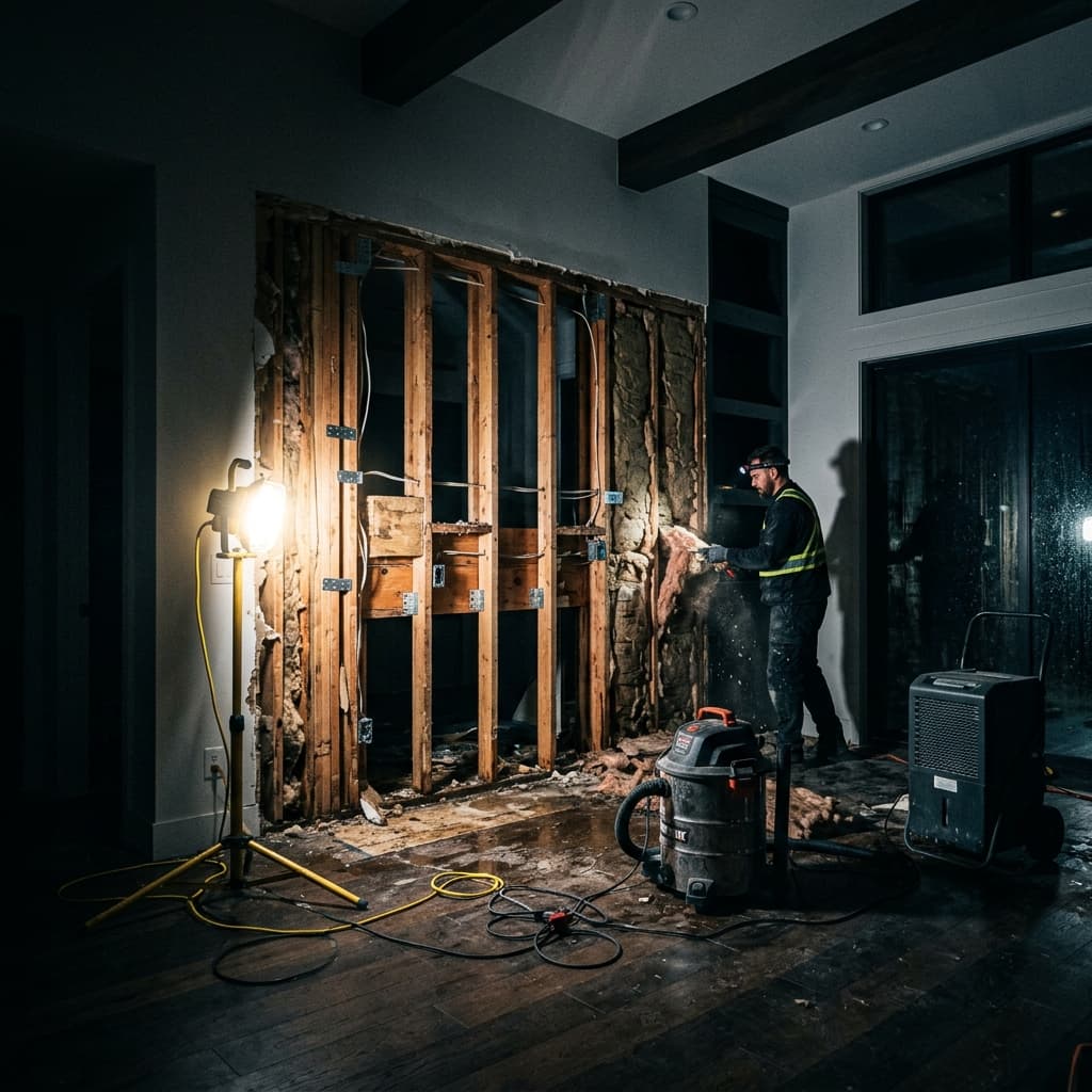 Active water damage restoration site