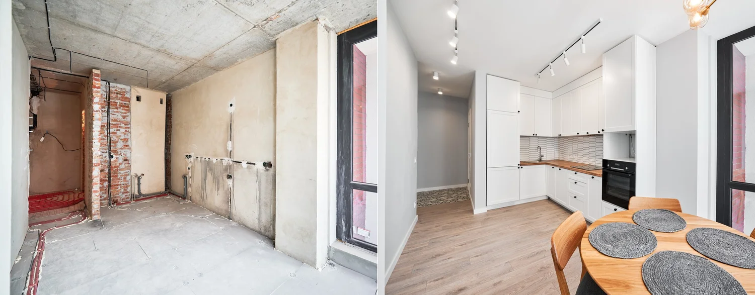 Kitchen before and after a full build-back
