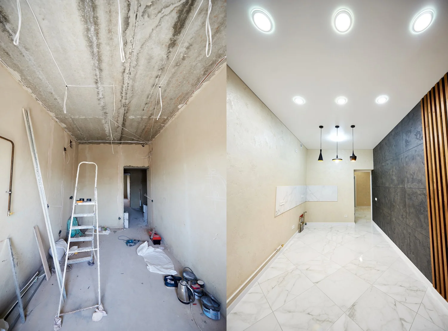 Interior remodel before and after, with new lighting and finishes